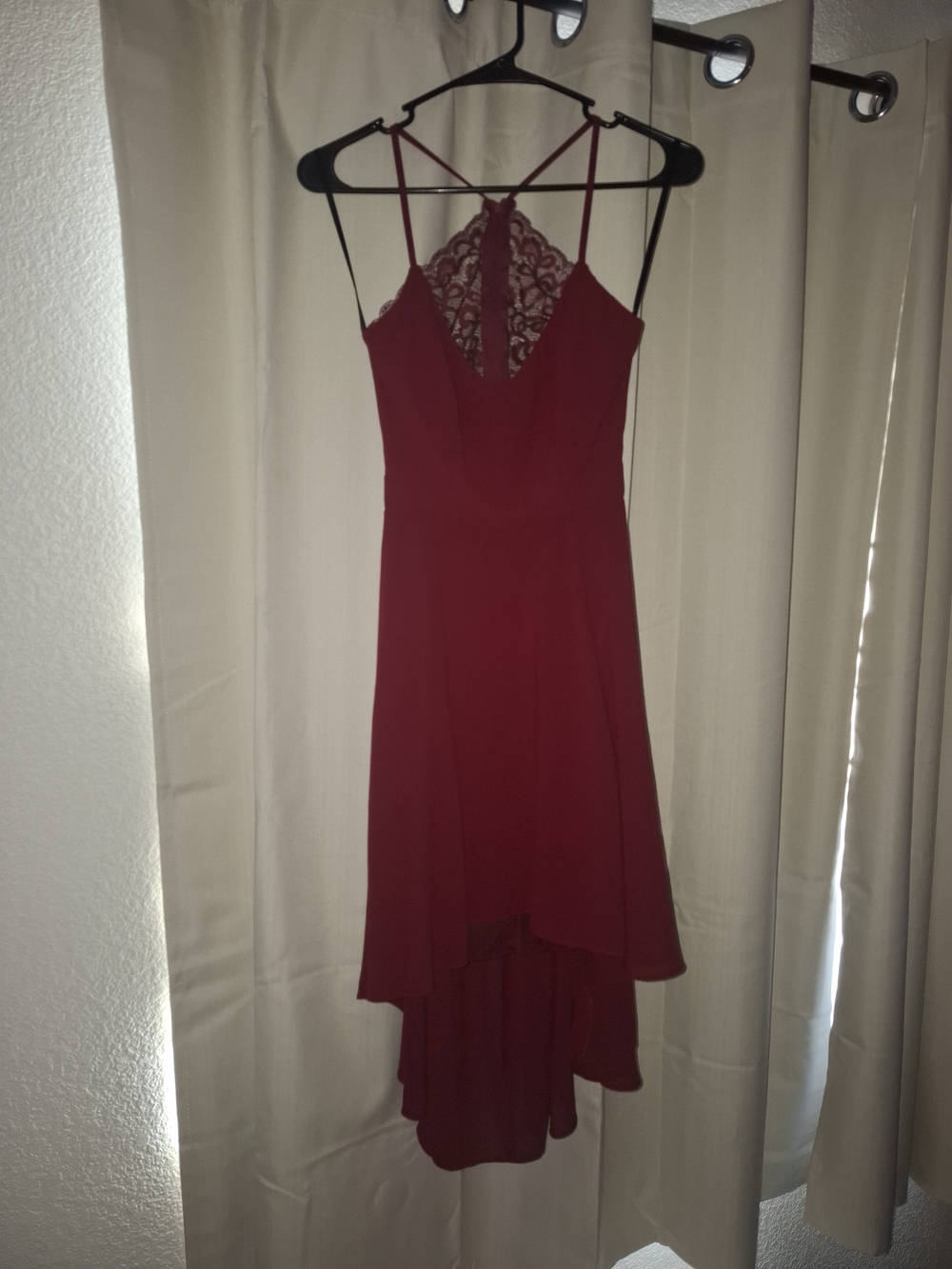 Women’s Burgundy Lace-Back High-Low Dress